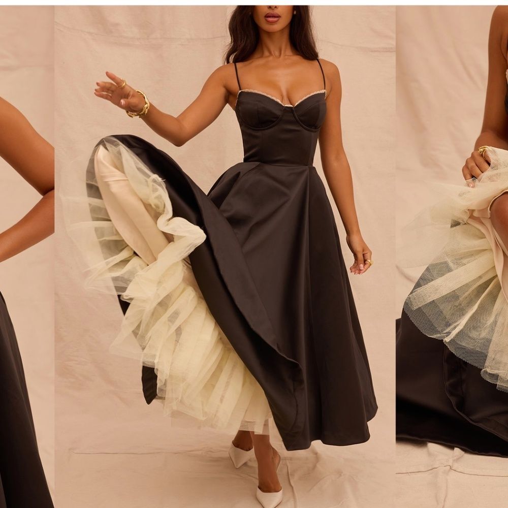 House of CB Mademoiselle Black Satin Tulle Corset Midi Dress Small A-C Cup